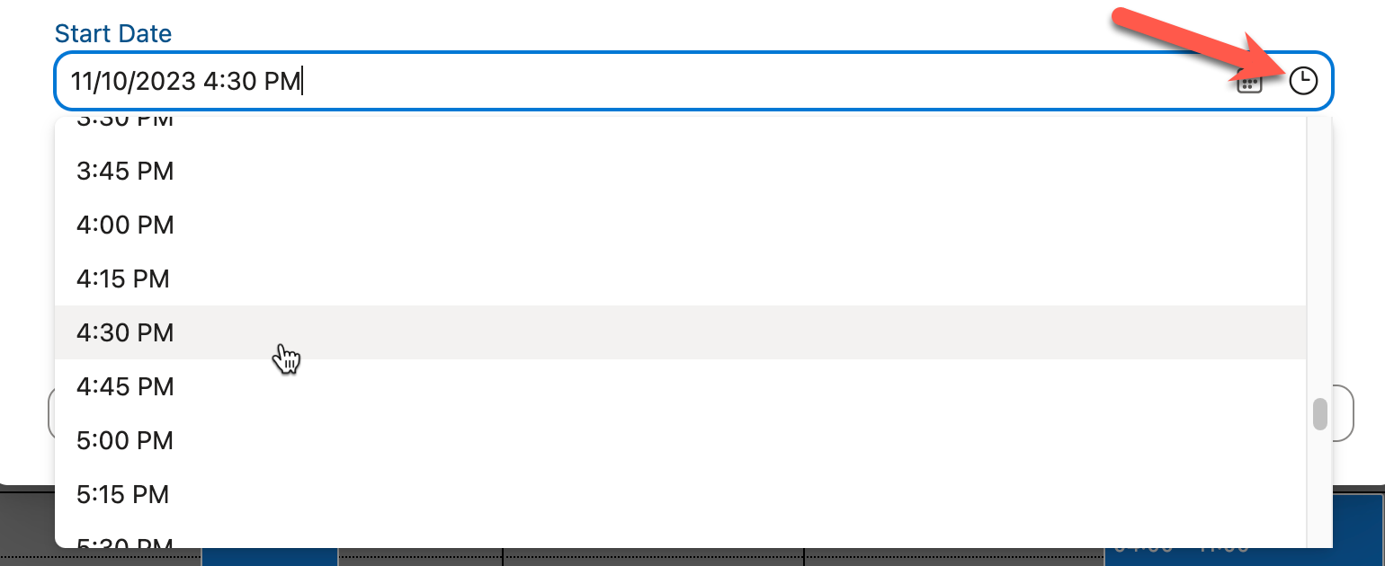 Time dropdown for Start and End Date